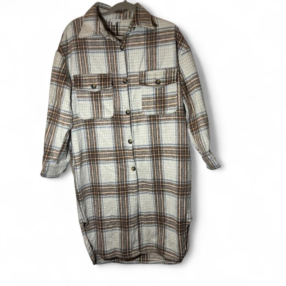 Veveret Womens Long Plaid Shacket Small Brown Neutral Wool Blend Academia Comfy